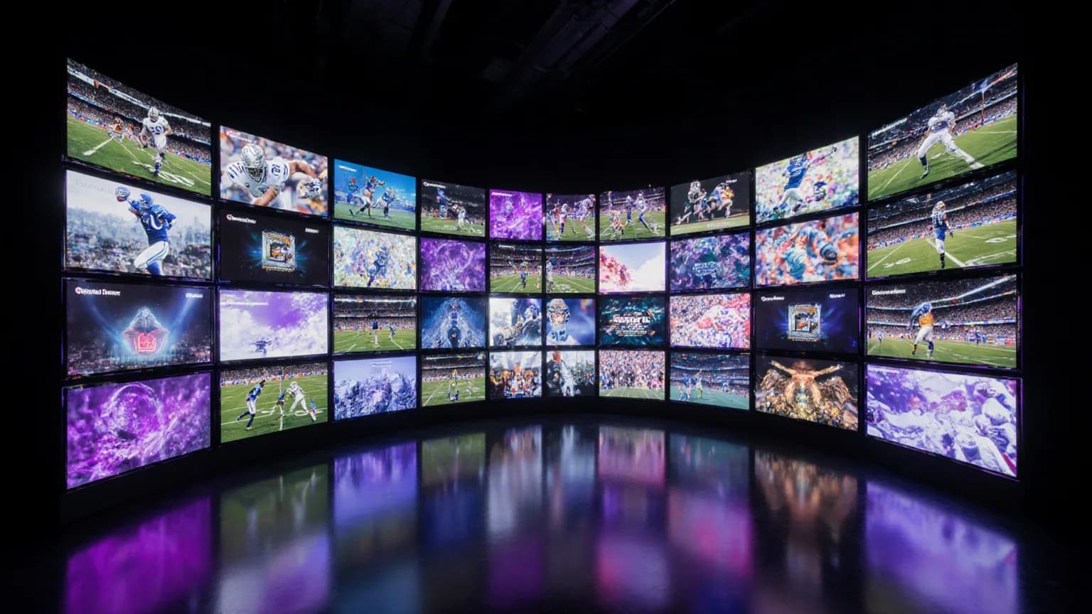 Wall of screens streaming live sports, movies and news through Smart IPTV